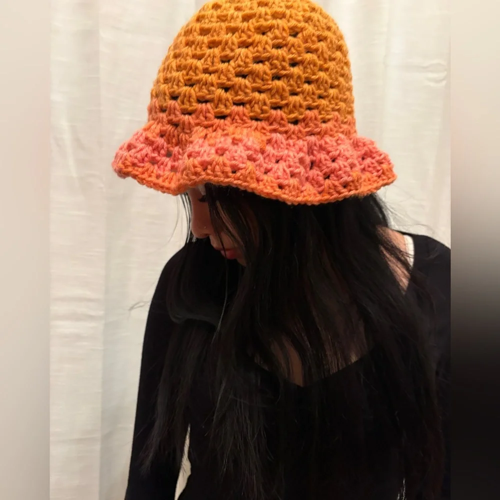 Vibrant Crochet Bucket Hat in Orange and Pink